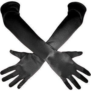 Women's Black Shiny Satin Long Gloves Elbow Length Wedding Dancing Party Tea